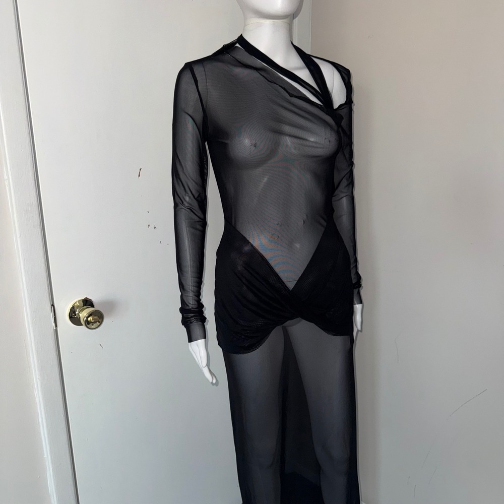 Micas Black Sheer Mesh Cutout Asymmetrical‎ Maxi Dress Avant Garde Edgy M - Picture 10 of 11